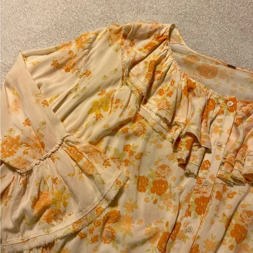 Free People Loretta Tunic Top Tea Combo Cream Yellow Floral Print Ruffle Boho